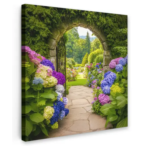 Doorkijk - Poort - Hortensia - Bloementuin Tuinposter op houten frame 2 cm dik middel -3d