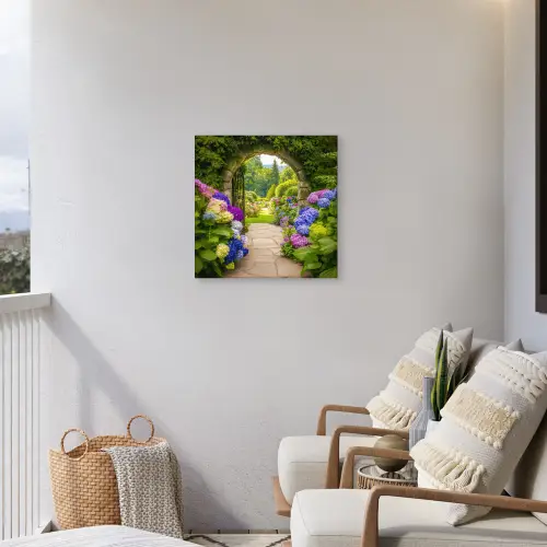 Doorkijk - Poort - Hortensia - Bloementuin Tuinposter op houten frame 2 cm dik middel -sfeer1