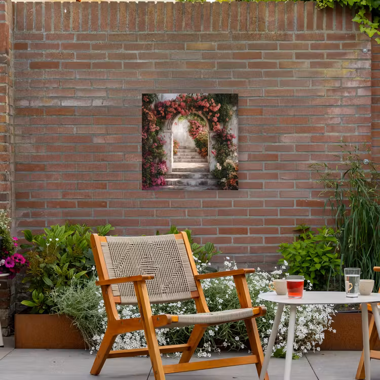 Doorkijk - Rozen - Vintage - Poort Tuinposter op houten frame 2 cm dik middel -sfeer3