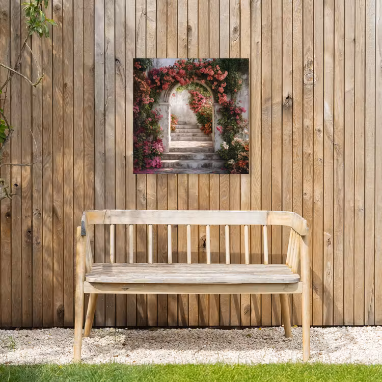 Doorkijk - Rozen - Vintage - Poort Tuinposter op houten frame 2 cm dik middel -sfeer4