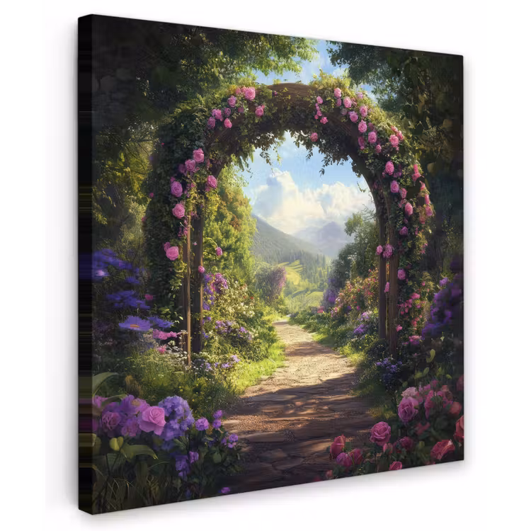 Doorkijk - Rozenboog - Uitzicht - Landschap - Bloemen Tuinposter op houten frame 2 cm dik middel -3d