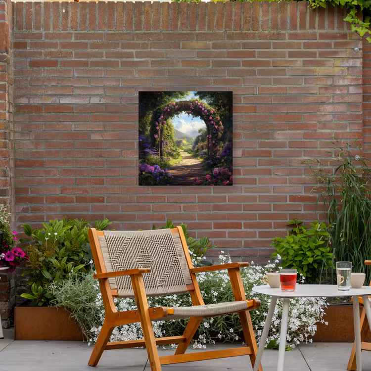 Doorkijk - Rozenboog - Uitzicht - Landschap - Bloemen Tuinposter op houten frame 2 cm dik middel -sfeer3