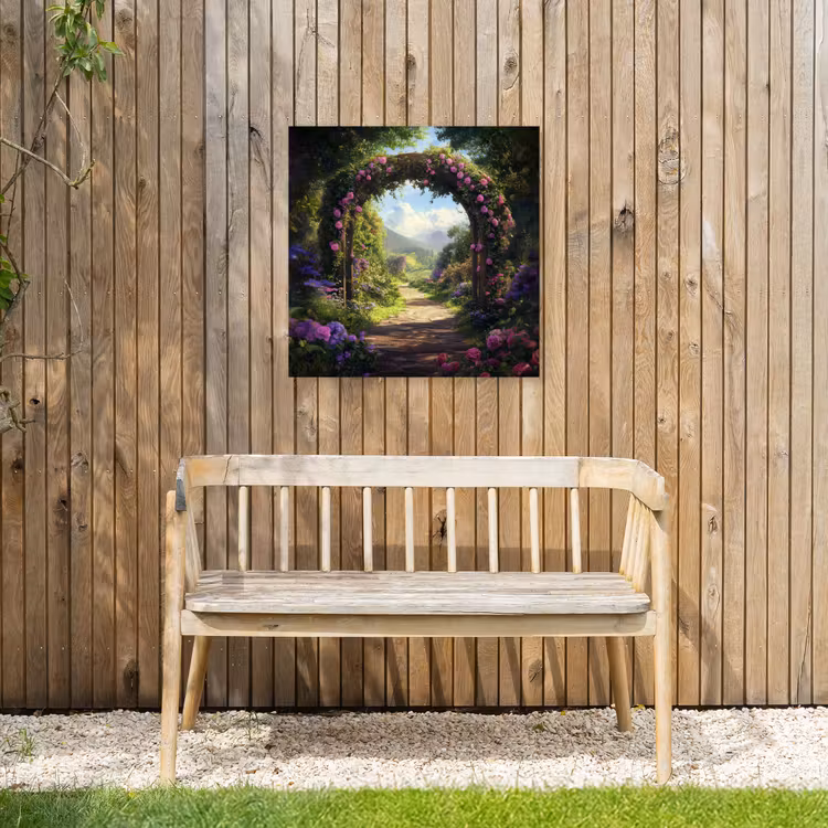 Doorkijk - Rozenboog - Uitzicht - Landschap - Bloemen Tuinposter op houten frame 2 cm dik middel -sfeer4