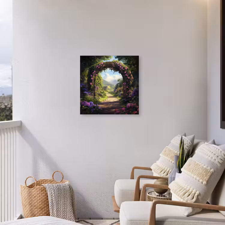 Doorkijk - Rozenboog - Uitzicht - Landschap - Bloemen Tuinposter op houten frame 2 cm dik middel -sfeer1