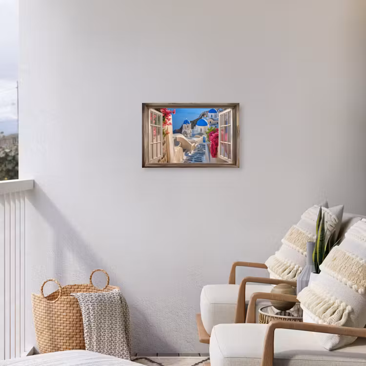 Doorkijk - Santorini - Landschap - Blauw - Grieks Tuinposter op houten frame 2 cm dik klein -sfeer1