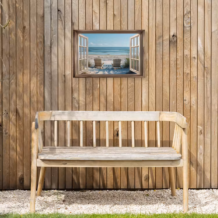 Doorkijk - Strandstoelen - Duinen - Zee - Natuur Tuinposter op houten frame 2 cm dik klein -sfeer4