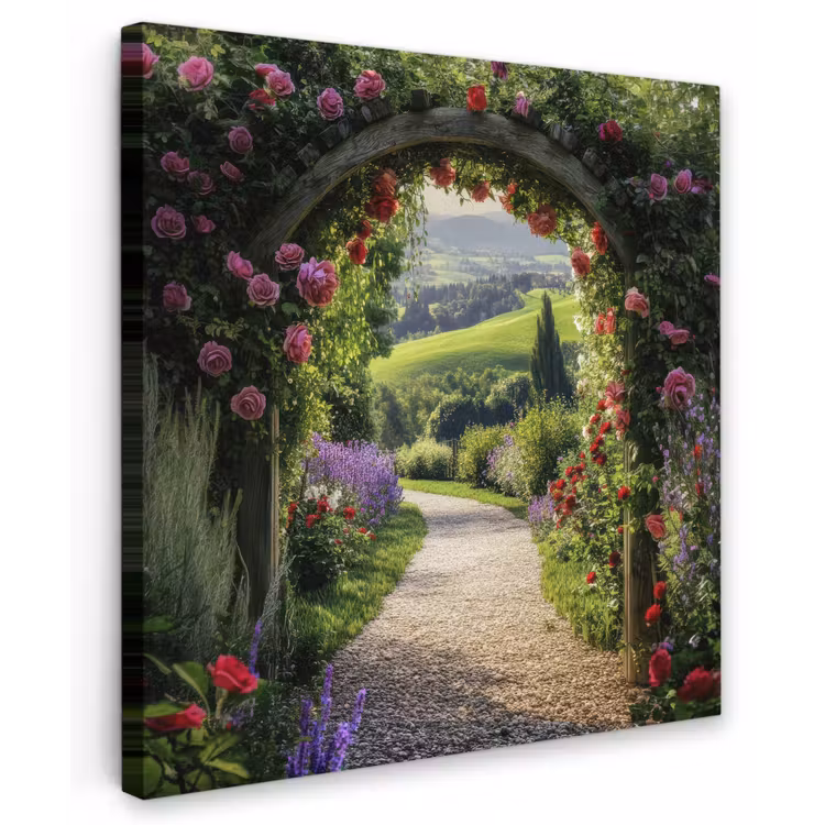 Doorkijk - Tuinboog - Bloemen - Natuur - Pad Tuinposter op houten frame 2 cm dik middel -3d