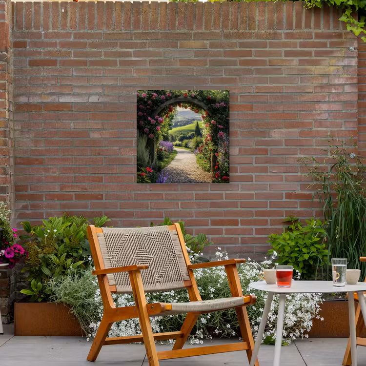 Doorkijk - Tuinboog - Bloemen - Natuur - Pad Tuinposter op houten frame 2 cm dik middel -sfeer3