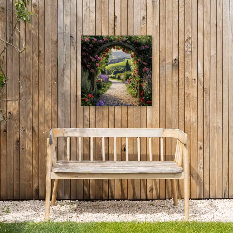 Doorkijk - Tuinboog - Bloemen - Natuur - Pad Tuinposter op houten frame 2 cm dik middel -sfeer4