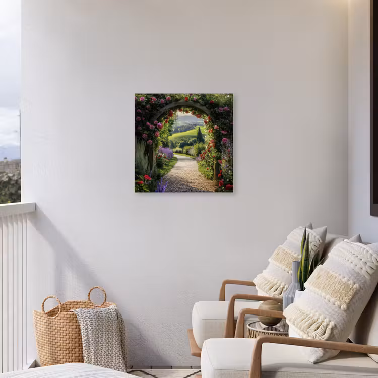 Doorkijk - Tuinboog - Bloemen - Natuur - Pad Tuinposter op houten frame 2 cm dik middel -sfeer1