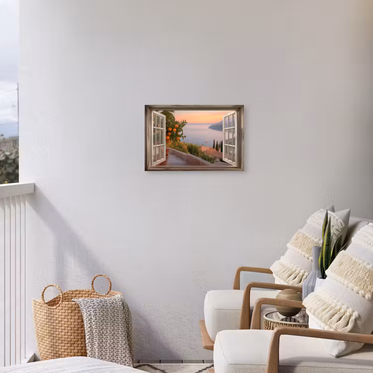 Doorkijk - Uitzicht - Meer - Landschap Tuinposter op houten frame 2 cm dik klein -sfeer1