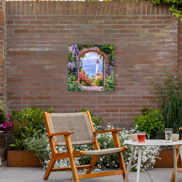 Doorkijk - Vuurtoren - Bloemen - Uitzicht Tuinposter op houten frame 2 cm dik middel -sfeer3