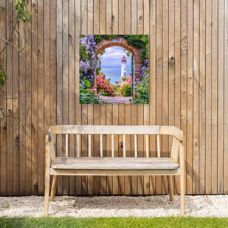 Doorkijk - Vuurtoren - Bloemen - Uitzicht Tuinposter op houten frame 2 cm dik middel -sfeer4