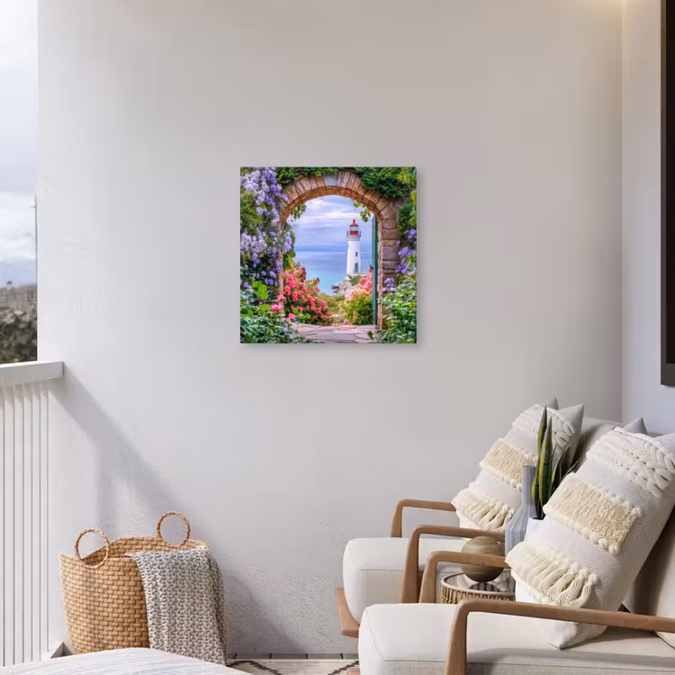 Doorkijk - Vuurtoren - Bloemen - Uitzicht Tuinposter op houten frame 2 cm dik middel -sfeer1
