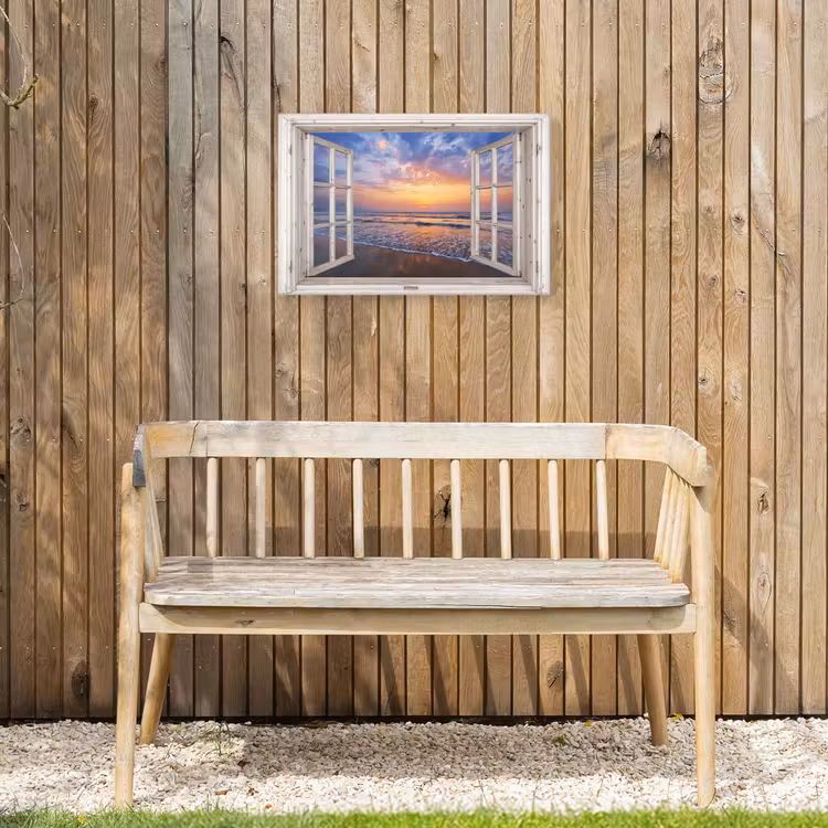 Doorkijk - Zee - Strand - Zonsondergang - Blauw Tuinposter op houten frame 2 cm dik klein -sfeer4