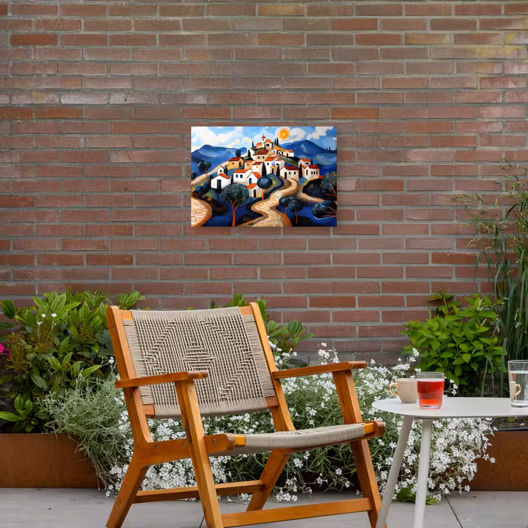 Dorp - Heuvelachtig - Zon - Mozaïek Tuinposter op houten frame 2 cm dik klein -sfeer3