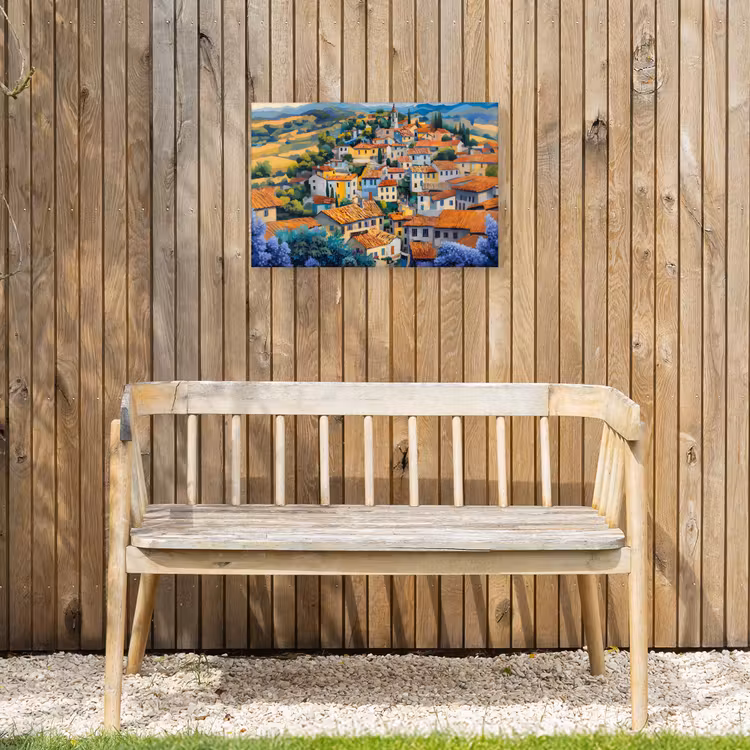 Dorp - Heuvels - Landschap - Bomen Tuinposter op houten frame 2 cm dik klein -sfeer4
