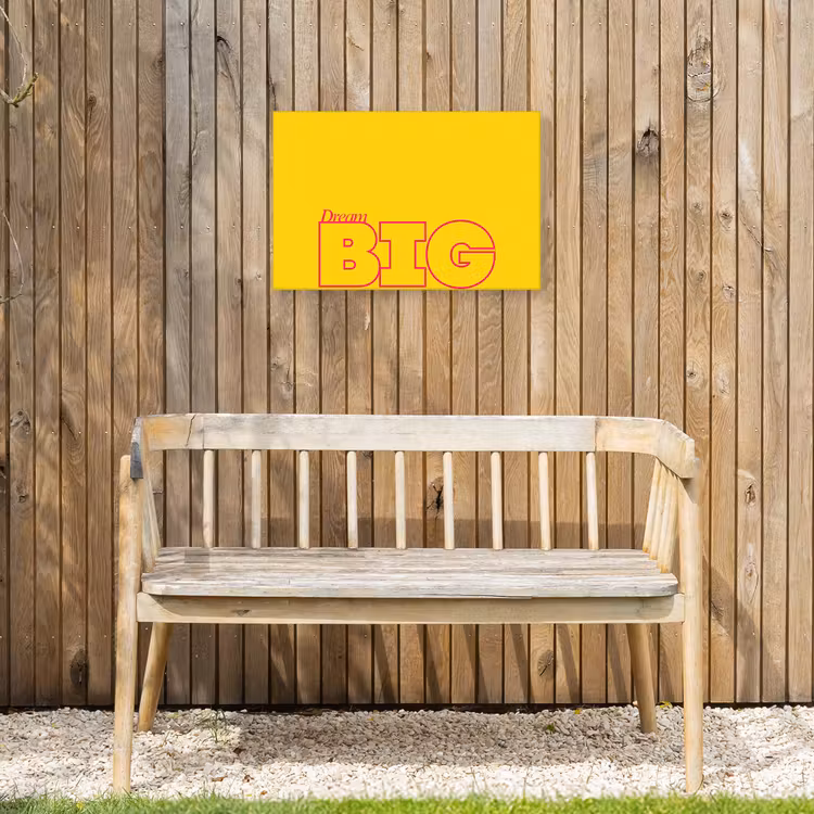 Dream big - Geel - Grafisch Tuinposter op houten frame 2 cm dik klein -sfeer4