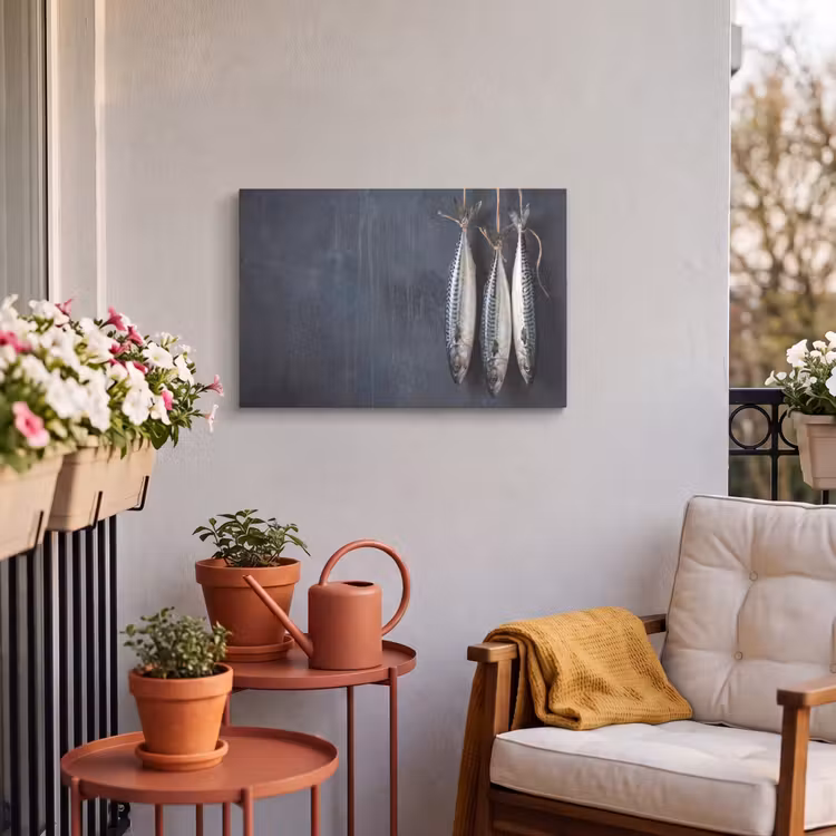 Buiten canvas - Drie vissen - Touw - Drie vissen - Touw Tuinposter op houten frame 2 cm dik klein
