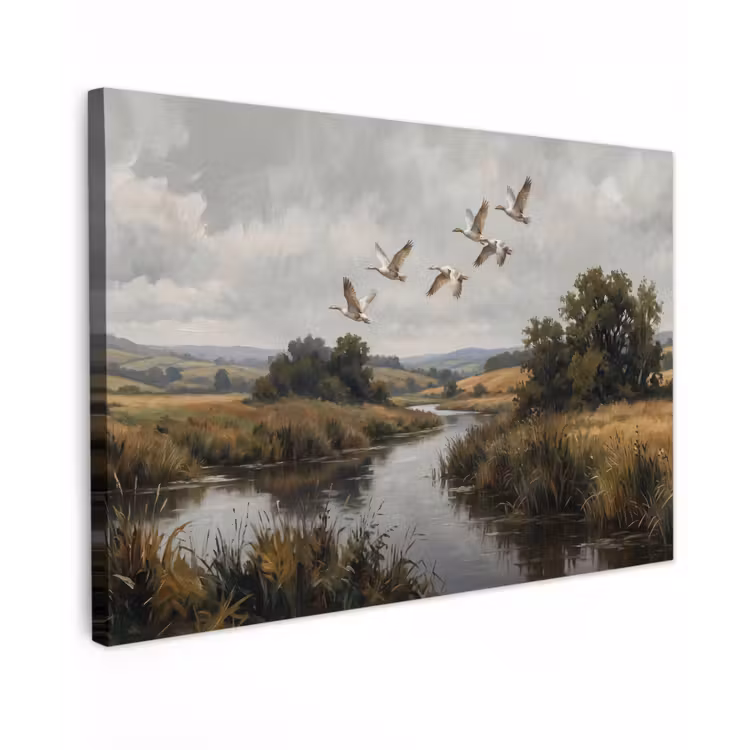 Eenden - Rivier - Landschap - Vlucht - Nostalgisch Tuinposter op houten frame 2 cm dik klein -3d