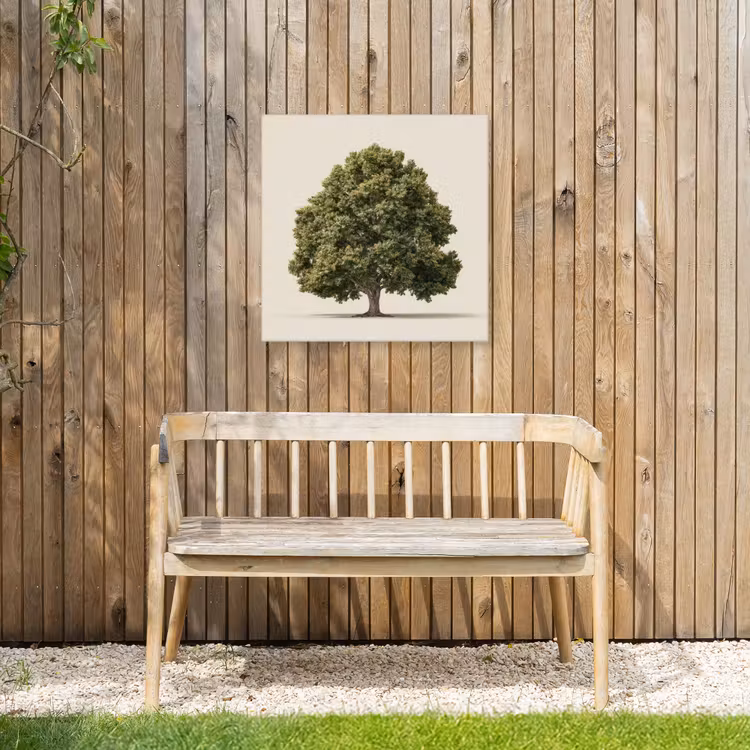Eikenboom - Groen - Lichte achtergrond Tuinposter op houten frame 2 cm dik middel -sfeer4