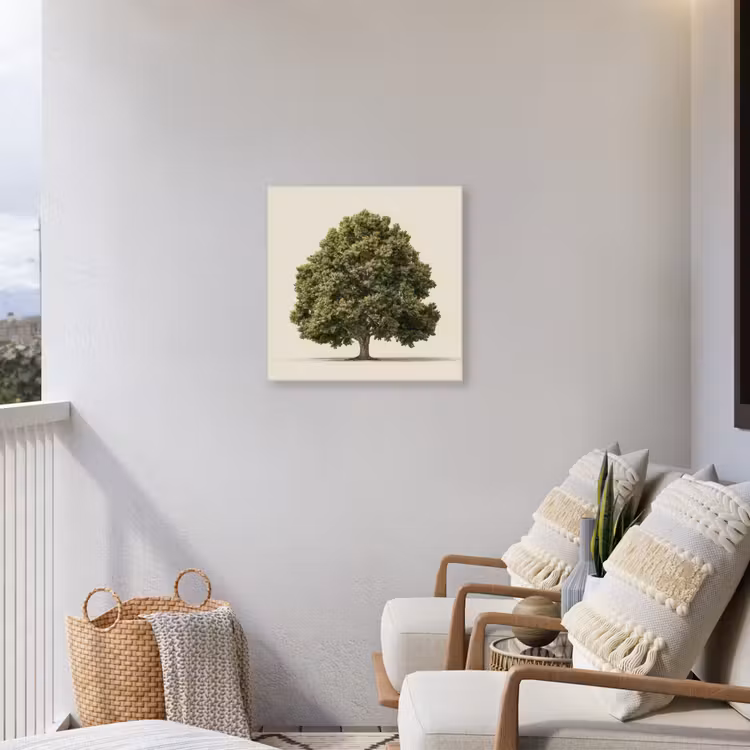 Eikenboom - Groen - Lichte achtergrond Tuinposter op houten frame 2 cm dik middel -sfeer1