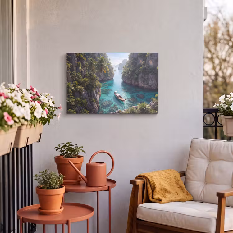 Eiland - Tropisch - Water - Palmbomen - Natuur Tuinposter op houten frame 2 cm dik klein -sfeer1