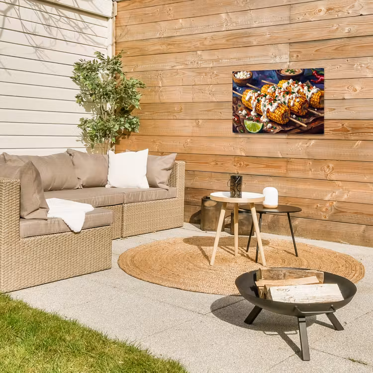Eten - Maïs - Saus - Geschilderd - Geel Tuinposter op houten frame 2 cm dik klein -sfeer2