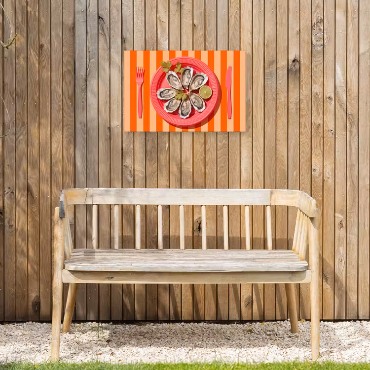 Eten - Oester - Zeevruchten - Oranje - Modern Tuinposter op houten frame 2 cm dik klein -sfeer4