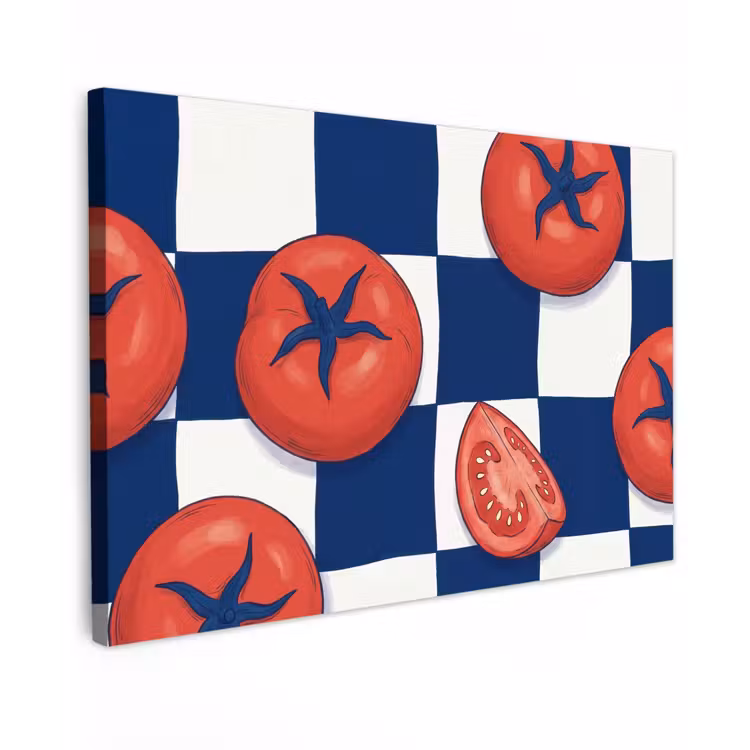 Eten - Tomaten - Keuken - Illustratie - Rood-Blauw Tuinposter op houten frame 2 cm dik klein -3d