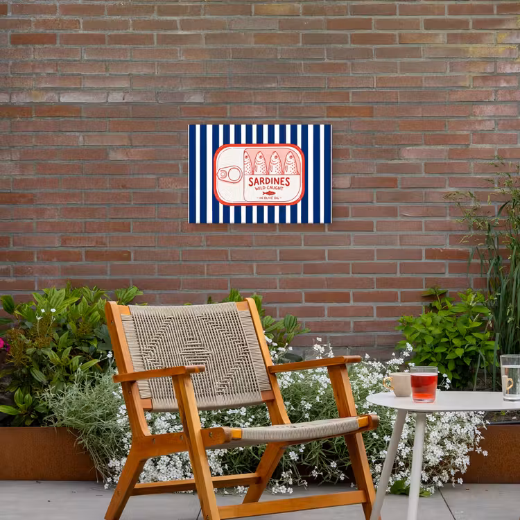 Eten - Vis - Blik - Illustratie - Rood Tuinposter op houten frame 2 cm dik klein -sfeer3