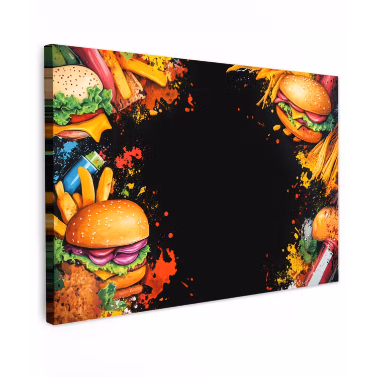 Fastfood - Graffiti - Hamburger - Eten - Modern Tuinposter op houten frame 2 cm dik klein -3d