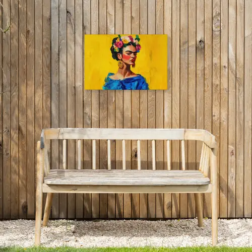 Frida Kahlo - Vrouw - Geel - Blauw - Bloemen Tuinposter op houten frame 2 cm dik klein -sfeer4