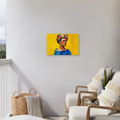 Frida Kahlo - Vrouw - Geel - Blauw - Bloemen Tuinposter op houten frame 2 cm dik klein -sfeer1