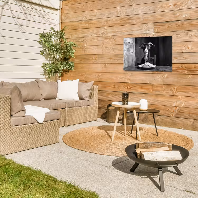 Geit - Bord - Spaghetti - Zwart Wit Tuinposter op houten frame 2 cm dik klein -sfeer2