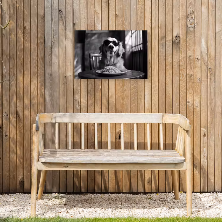 Golden Retriever - Hond - Vrolijk - Bord spaghetti - Zwart - wit Tuinposter op houten frame 2 cm dik klein -sfeer4