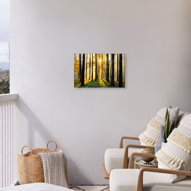 Gouden bos bij zonsopgang Tuinposter op houten frame 2 cm dik klein -sfeer1