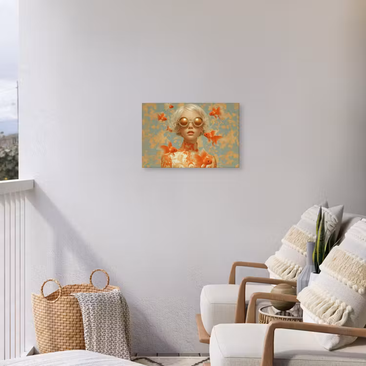 Goudvissen - Oranje - Vrouw - Blond Tuinposter op houten frame 2 cm dik klein -sfeer1