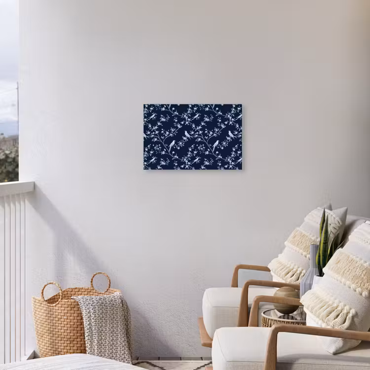 Grafisch - Bloesemtak - Blauw Tuinposter op houten frame 2 cm dik klein 845 -sfeer1