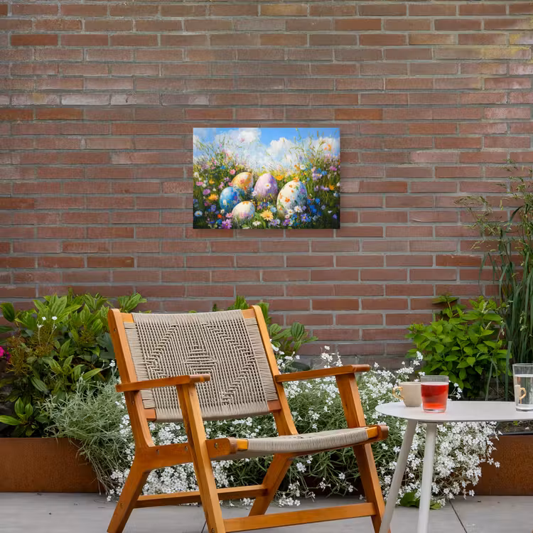 Grasveld - Eieren - Bloemen Tuinposter op houten frame 2 cm dik klein -sfeer3