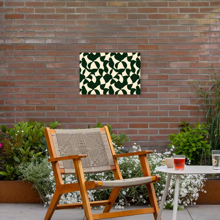 Groen - Organische vlakken - Crème Tuinposter op houten frame 2 cm dik klein 845 -sfeer3