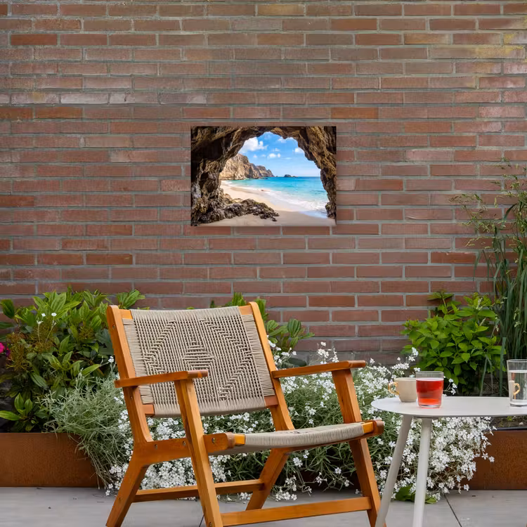 Grot - Strand - Zee - Blauw Tuinposter op houten frame 2 cm dik klein -sfeer3