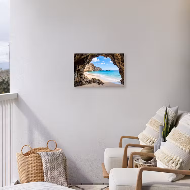 Grot - Strand - Zee - Blauw Tuinposter op houten frame 2 cm dik klein -sfeer1