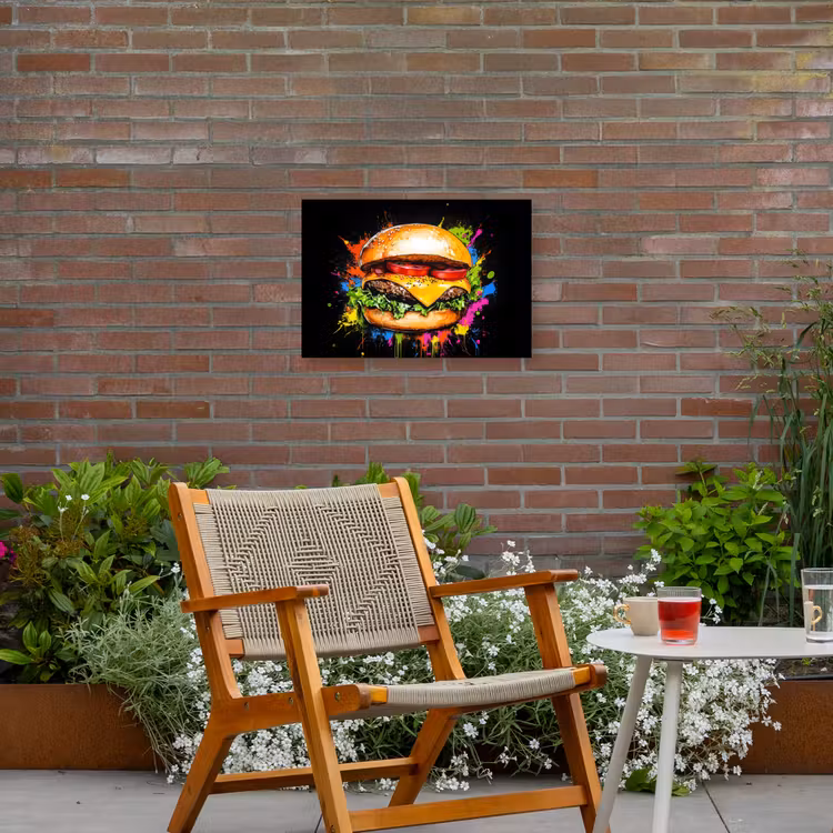 Hamburger - Graffiti - Verf - Kleurrijk - Eten - Abstract Tuinposter op houten frame 2 cm dik klein -sfeer3