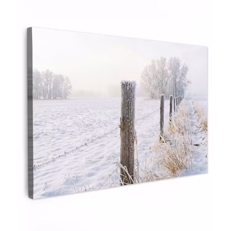Hek - Sneeuw - Mist - Platteland - Nostalgisch Tuinposter op houten frame 2 cm dik klein -3d
