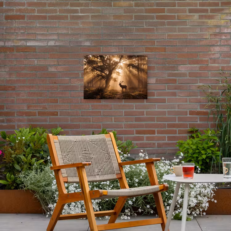 Hert - Bos - Mistig - Natuur - Goud Tuinposter op houten frame 2 cm dik klein -sfeer3
