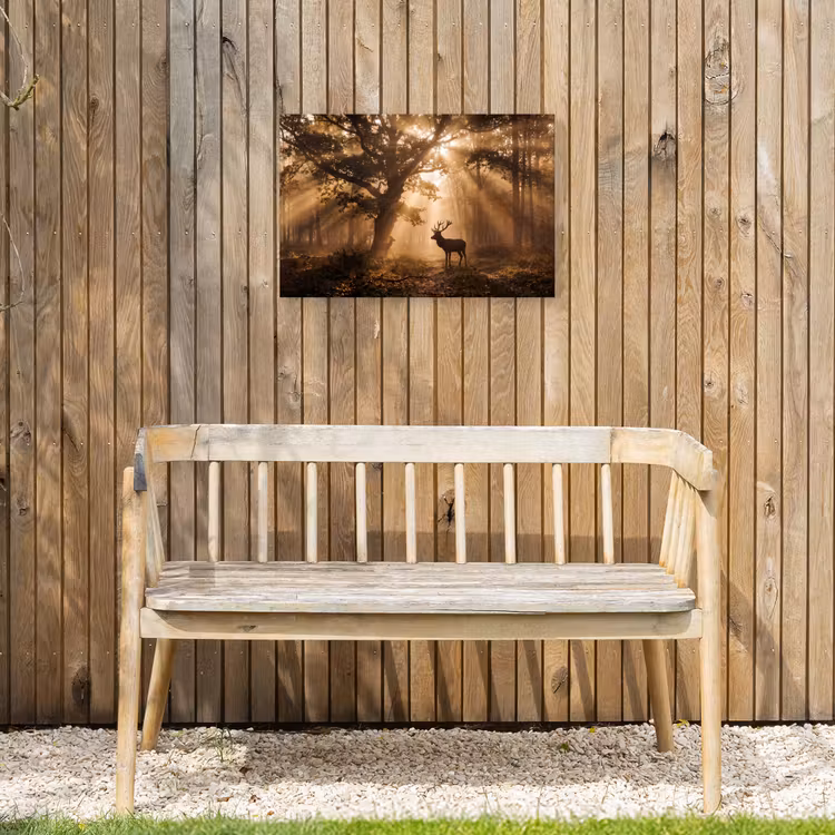 Hert - Bos - Mistig - Natuur - Goud Tuinposter op houten frame 2 cm dik klein -sfeer4