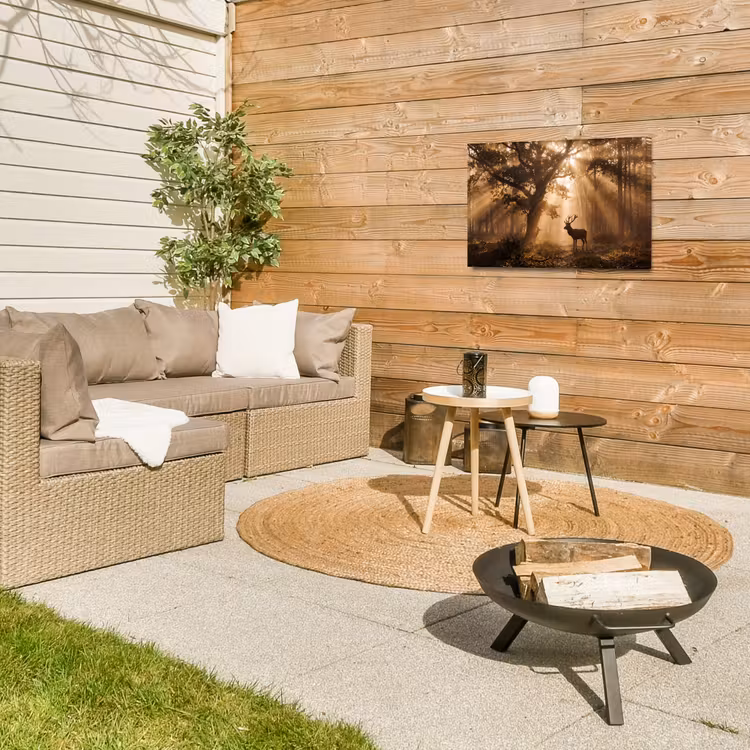 Hert - Bos - Mistig - Natuur - Goud Tuinposter op houten frame 2 cm dik klein -sfeer2