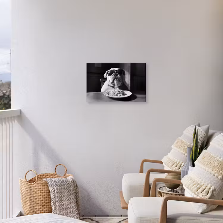 Hond - Bulldog - Pasta - Bril - Stoer - Dieren Tuinposter op houten frame 2 cm dik klein -sfeer1