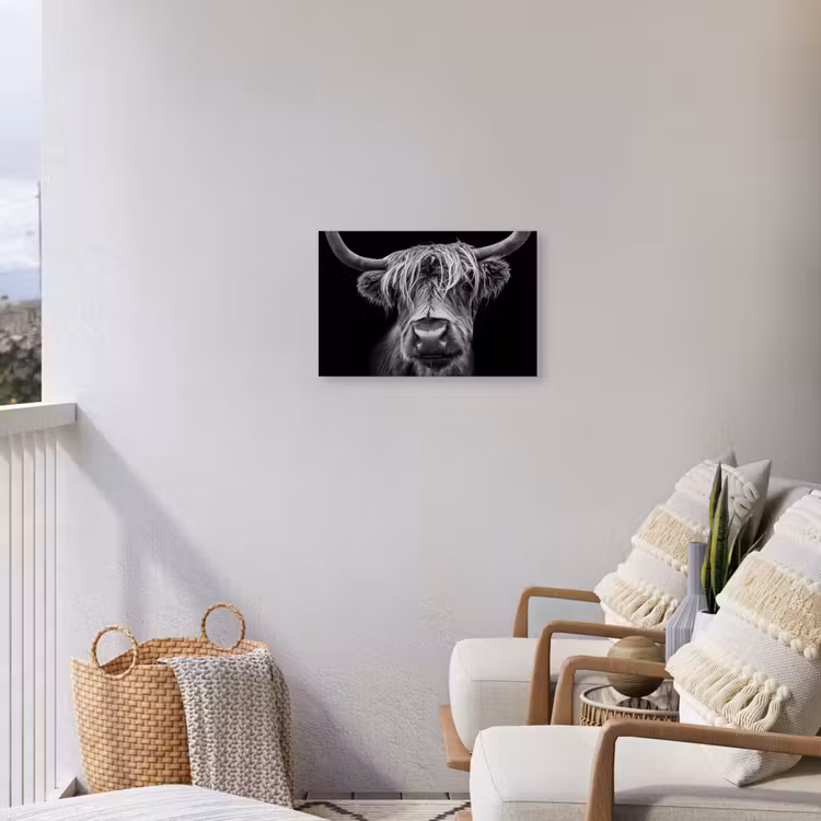 Hooglander in Zwart-Wit Tuinposter op houten frame 2 cm dik klein -sfeer1